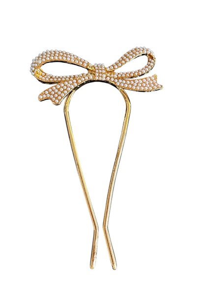 TAKIŞTIR Gold Color Ribbon Figured Pearl Detailed Bun Hairpin