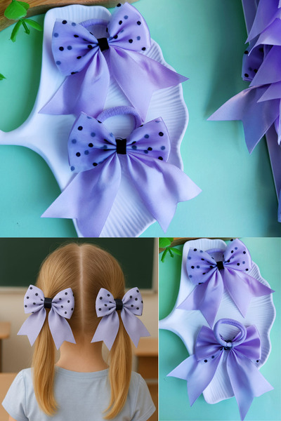 Nisankids Kız Çocuk Saten Kumaş Puantiyeli Mor Renkli Fiyonk Lastik Toka 1 çift