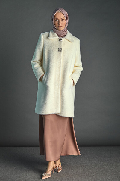 Setrms Angora Suni Kürk Klasik Kesim Broş Detaylı Kaban