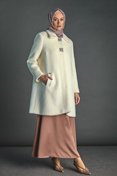 Setrms Angora Suni Kürk Klasik Kesim Broş Detaylı Kaban