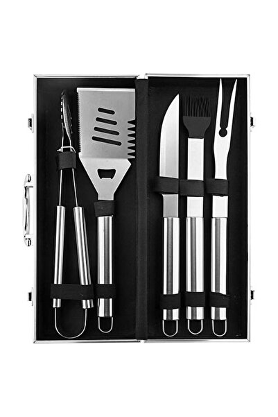 MACVI ® 5-Piece Premium Stainless Steel BBQ Set with padded aluminum carrying case, essential tools.