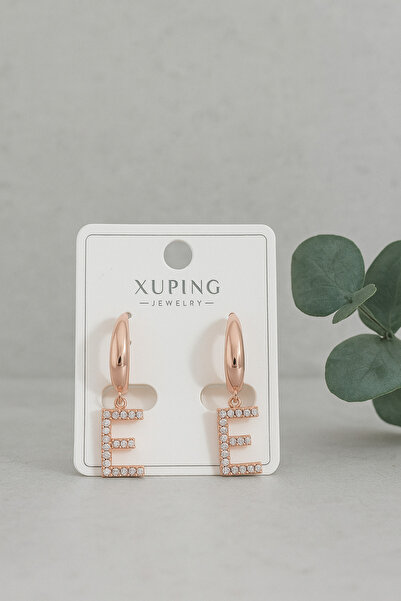 XUPING JEWELRY E Harfi Küpe – 18K Rose Gold Kaplama Taşlı Zarif Kadın Küpe Melekcehobi Takı