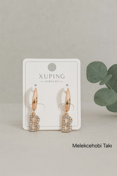 XUPING JEWELRY B Harfi Küpe – 18K Rose Gold Kaplama Işıltılı Taşlı Kadın Küpe...