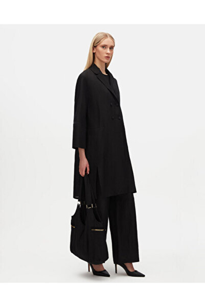 MISS DALIDA Yanı Yırtmaçlı Kruvaze Kesim Keten Siyah Ceket