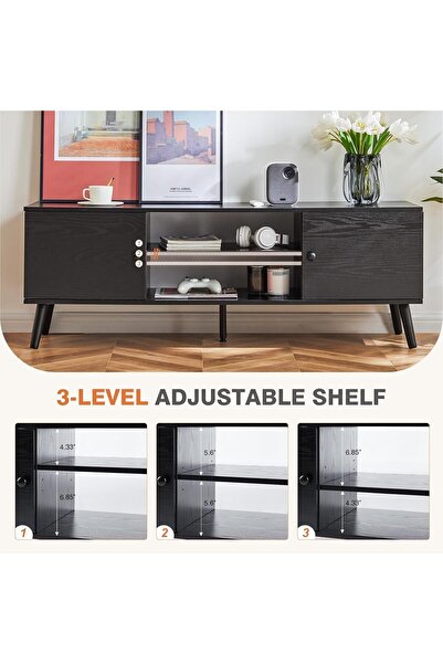 Gogoya TV Stand for 55–60 inch TVs, Mid-Century Modern Entertainment Center, 2 Cabinets (Black)