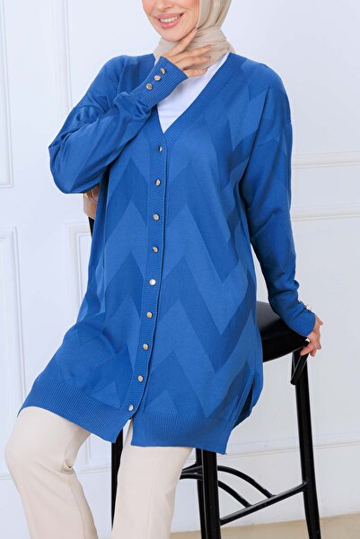 benguen Patterned Long Mercerized Cardigan N3193 Indigo