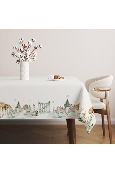 Lenjerii Deosebite Fata de masa Craciun bumbac 140x220cm cu reni si peisaj de iarna, Jasmin
