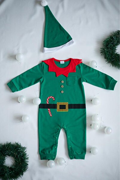 Softleaf Yeşil Noel Elf Kostüm Tulum ve Şapka Takımı – Bebek Yılbaşı Kıyafeti 🎅