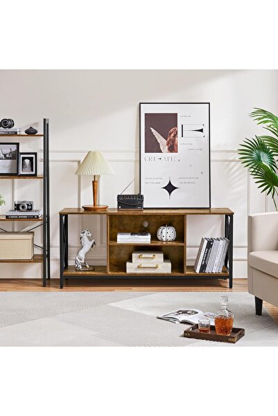 Chulovs TV Stand 154 x 41 x 62 cm for TVs up to 55" - Open Storage TV Cabinet with Shelves, Brown
