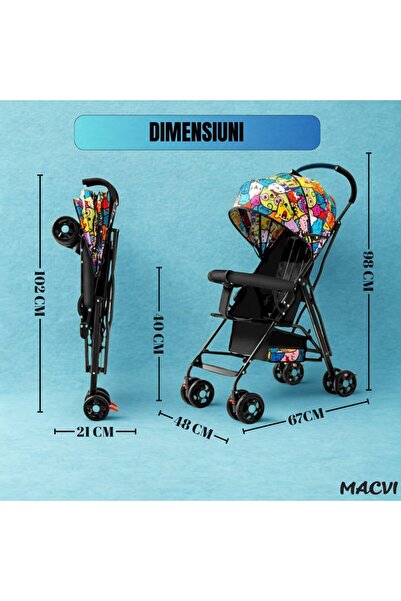 MACVI ® Lightweight Stroller, quick-fold, UV canopy, swivel wheels, 3-point harness, pedal brake