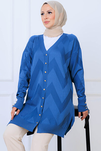 benguen Patterned Long Mercerized Cardigan N3193 Indigo