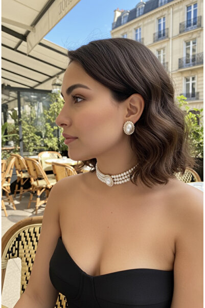 Happyline İncili gold kaplama tasma choker kolye küpe takım özel tasarım