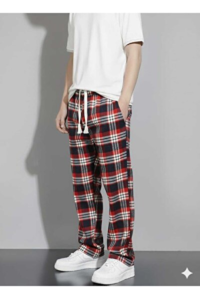 Lawina Giyim Unisex Ekose Kırmızı Lacivert Desenli Kareli Pijama Eşofman