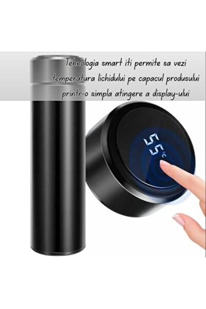 iTin Termos inteligent, inox, display LED, negru, 500 ml, izolare vid 12h cald/24h rece