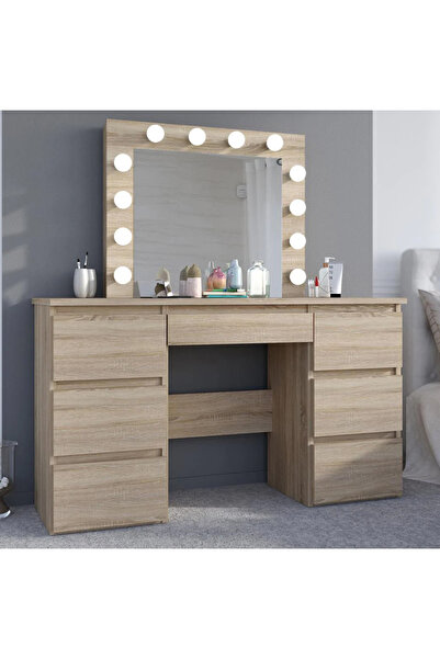 SERSIMO Dressing table and makeup table with LED mirror and 7 drawers, 120x43x140 cm, sonoma