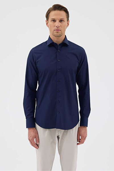 Paşahan Navy Blue 100% Cotton Classic Collar Poplin Men's Shirt