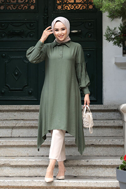 N.S NEVA STYLE Asymmetrical Detailed Khaki Hijab Tunic 615Hk