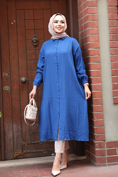 N.S NEVA STYLE Buttoned Sax Blue Hijab Tunic 70551Sx