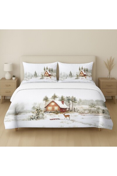 Lenjerii Deosebite Διπλά Χριστουγεννιάτικα σεντόνια 3D με εξοχικό και χειμερινό τοπίο, 100% βαμβάκι ranforce, Glow