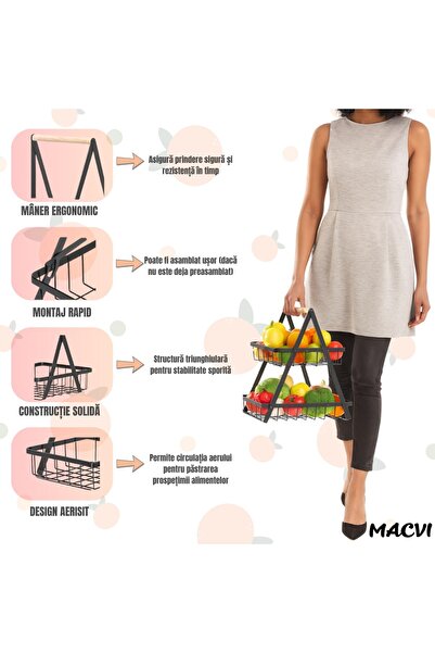 MACVI ® 2-Tier Decorative Fruit Basket, black metal, wooden handle, stable & elegant