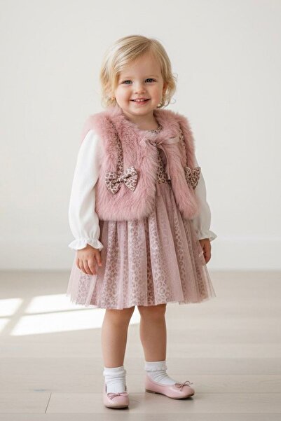 Minigimin Cicileri My Little One's Premium Baby Girl Dress Set with Fur Bow Detail and Leopard Tulle - Pink