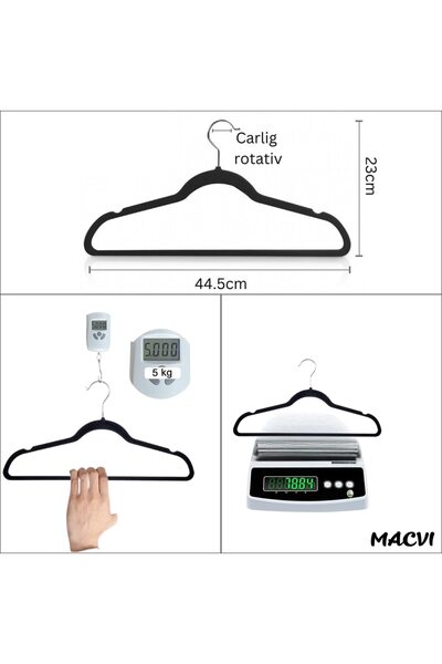 MACVI ® 16 Non-Slip Velvet Hangers, slim, pant bar & notches, 360° hook, 44.5×23 cm, gray/black