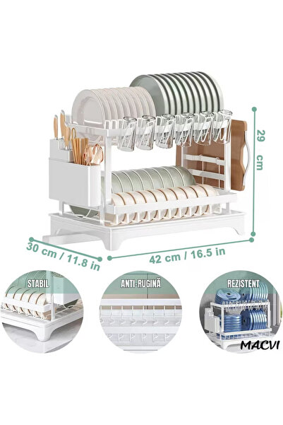 MACVI ® 2-Tier Dish Rack with Cutlery Holder & Drip Tray, 42x30x29 cm, White