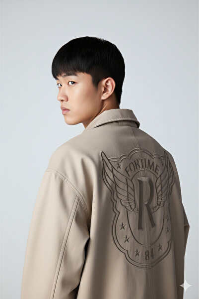 A&O Style Erkek Bej Oversize Astarlı Fortime Nakışlı Bomber Deri Mont Ceket