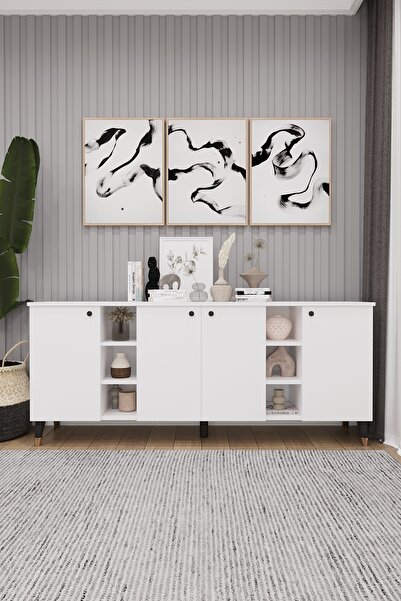 asratrend Geniş Konsol - Modern Büfe Dolap - 4 Kapaklı Şık Tasarım Salon ve Y...