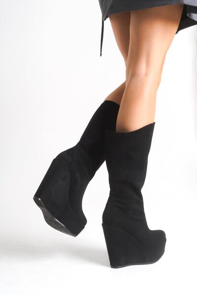 owwox club Beatrice; Cizme de damă din piele intoarsa neagra, 12 cm, fara fer...