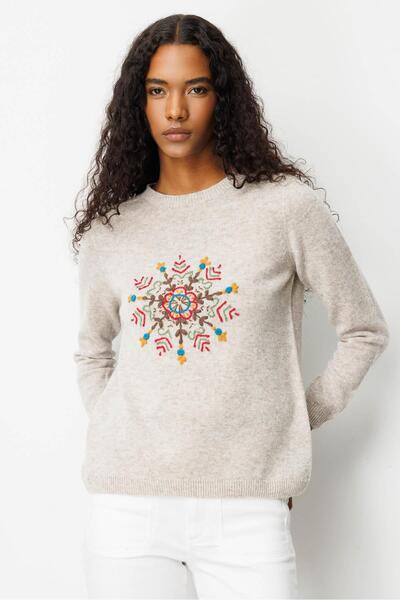 Desen Triko Women's Crew Neck Snowflake Embroidered Wool Sweater V.Beige
