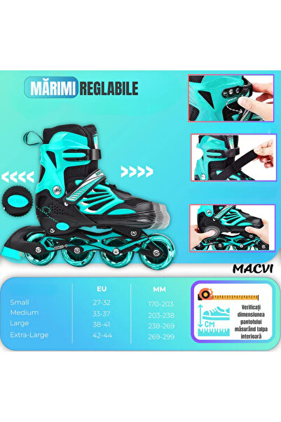 MACVI ® Adjustable Turquoise Skates, Kids & Adults L 38-41, Light-Up Wheels, ABEC-7