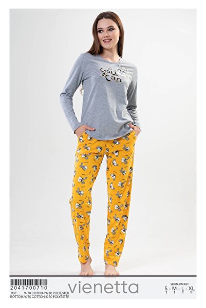 melya lıngerıe Enerjik Sarı Tavşanlı Alt & Gri 'You Can' Üst Pijama Takımı