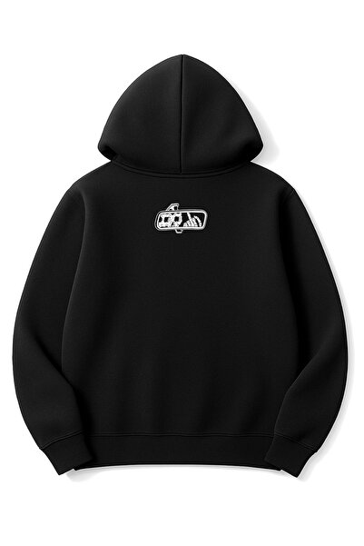 Altair Tr سويت شيرت أسود قصة فضفاضة للجنسين بتصميم هيكل عظمي B مطبوع K بغطاء رأس