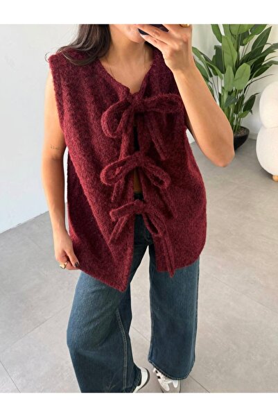 LUMİ Kadın Bordo Peluş Görünümlü Fiyonk Detaylı Süveter – Oversize Modern Model