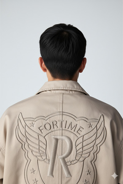 A&O Style Erkek Bej Oversize Astarlı Fortime Nakışlı Bomber Deri Mont Ceket