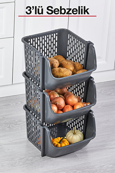 Pazarika 3 Katlı Tekerleksiz Plastik Sebzelik | Patates Soğanlık Saklama Ünit...