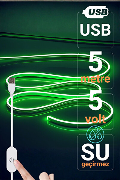 Ema Dükkan 5V USB Yeşil Neon Led Şerit Işık 5 Metre Silikon Esnek Su Geçirmez...