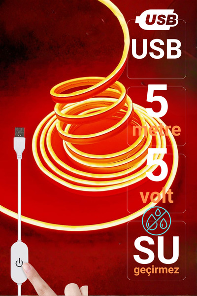 Ema Dükkan 5V USB Turuncu Neon Led Şerit Işık 5 Metre Silikon Esnek Su Geçirm...