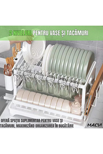 MACVI ® 2-Tier Dish Rack with Cutlery Holder & Drip Tray, 42x30x29 cm, White