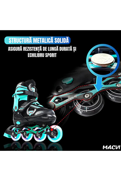 MACVI ® Adjustable Turquoise Skates, Kids & Adults L 38-41, Light-Up Wheels, ABEC-7