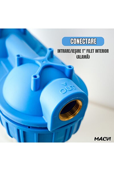 MACVI ® Triple Water Filter 3/4", carbon, cotton & mesh, 5-micron, 34.5 cm, white/blue