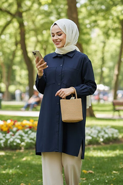 N.S NEVA STYLE Buttoned Navy Blue Hijab Puane Shirt 10564L