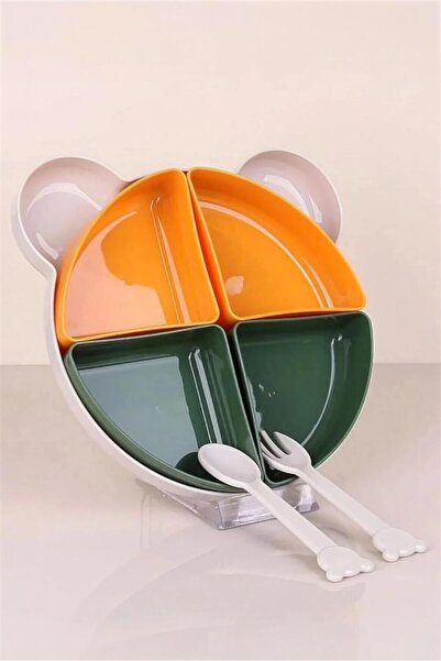 Bayev Yogi Green Teddy Bear 4-Compartment Food Feeding Plate and Fork Spoon Set
