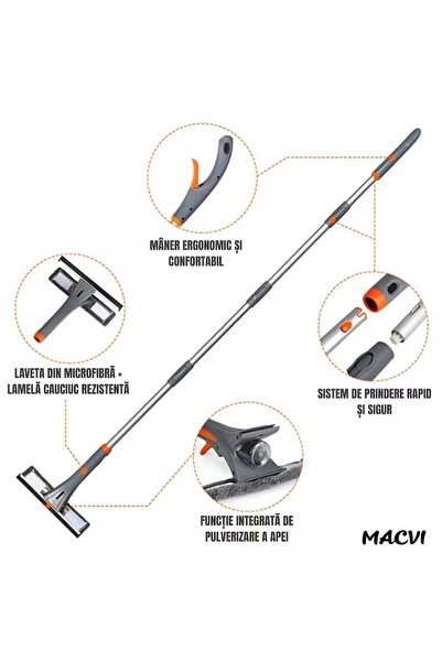 MACVI ® Pro Window Cleaner, extendable 193 cm, water spray, microfiber cloth, streak-free