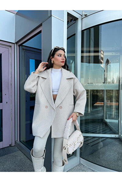 MODA Herringbone Beige Short Oversized Coat