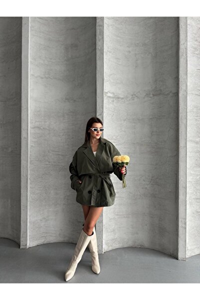 MODA Yeni Sezon Viral Koyu Haki Omzu Düşük Oversize Trençkot