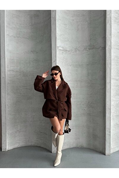 MODA Yeni Sezon Viral Kahverengi Omzu Düşük Oversize Trençkot