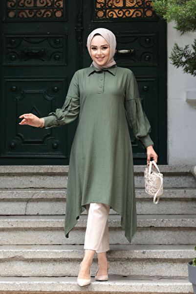 N.S NEVA STYLE Asymmetrical Detailed Khaki Hijab Tunic 615Hk