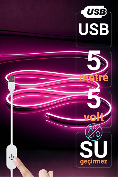 Ema Dükkan 5V USB Pembe Neon Led Şerit Işık 5 Metre Silikon Esnek Su Geçirmez...